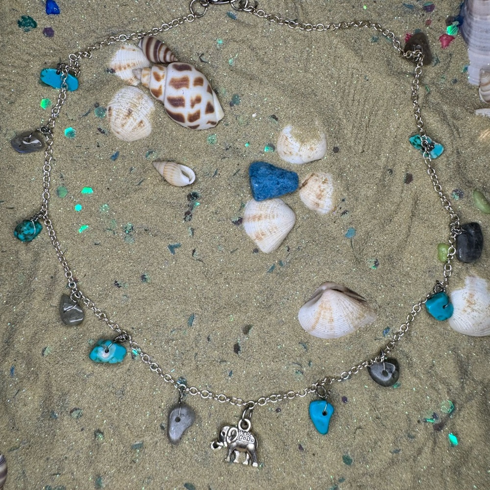 Silver Elephant Charm Necklace with Blue and Gray Accents